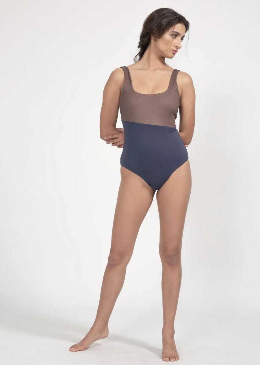 Langeoog Swimsuit Reversible in Midnight Blue/Mocha - boochen eco-conscious surfwear